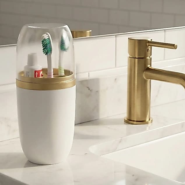 Porta-Escova e Pasta Organizador para Pia de Banheiro com Tampa Transparente 500Ml Branco/Dourado fosco.