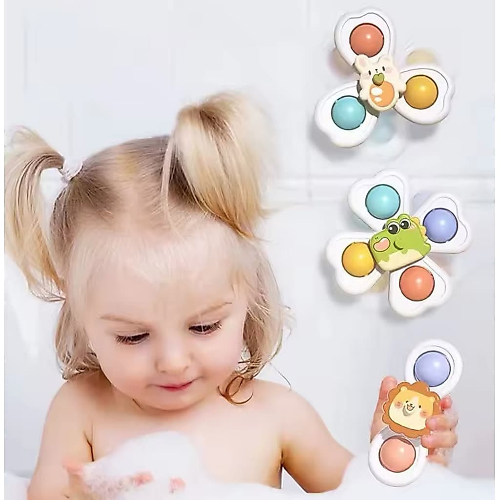 Kit 3 Brinquedo Infantil Chocalho Giratório Spinner Com Ventosa Brinquedos para bebê Banho