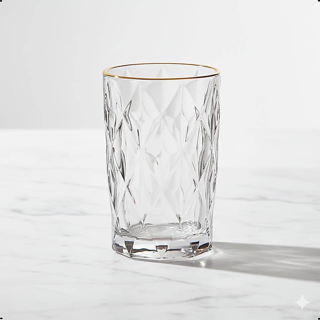Conjunto Kit 6 Copos Vidro Diamond Borda Dourada 350ml - Fio de Ouro para Água, Suco e Bebidas