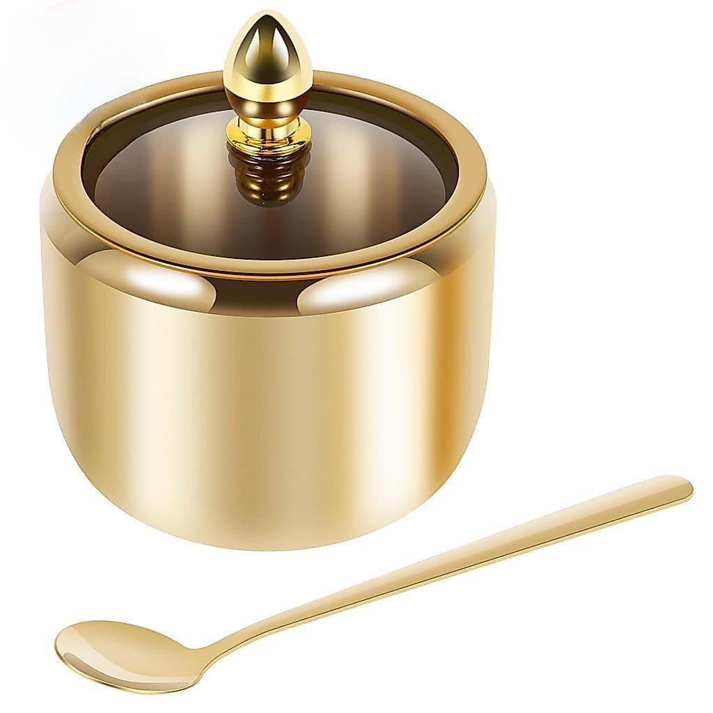 Recipiente De Açúcar De Aço Inoxidável 304 Com Tampa De Vidro Transparente E Colher Açucareiro Dourado Frasco 10 Onças C