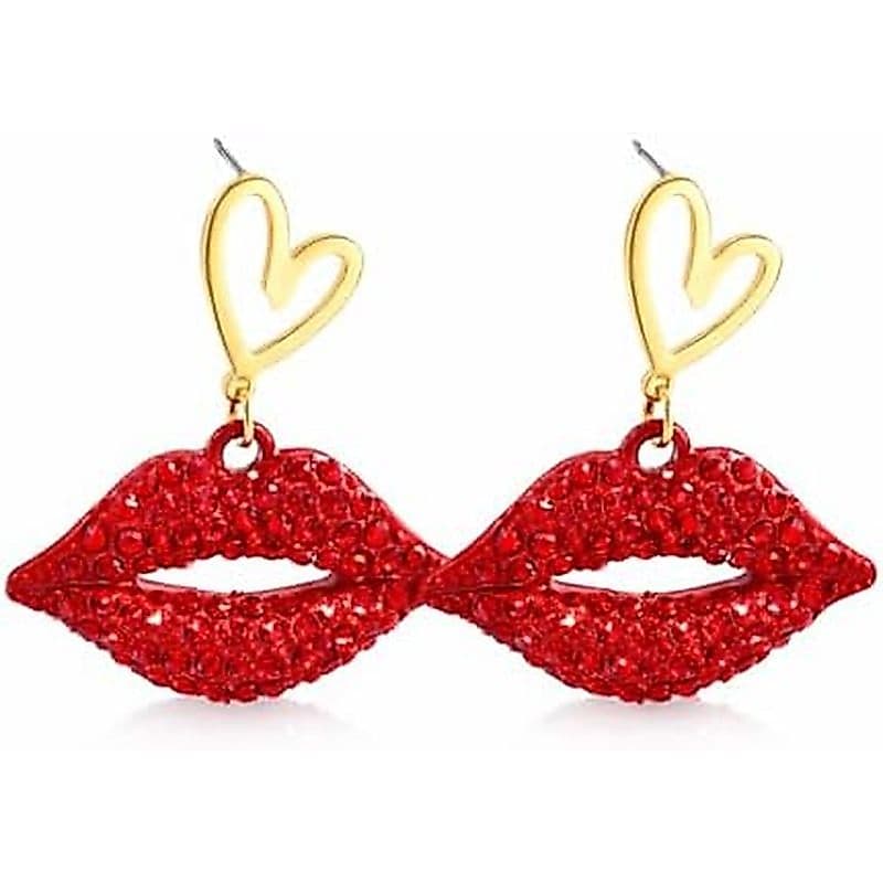Brincos De Strass Com Lábios Vermelhos Para Mulheres , Pendurados De Coração De Cristal Brilhante , Joias Românticas O D