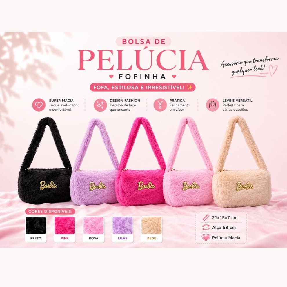 Bolsa Feminina de Pelúcia Tendência Aesthetic Fofa Fashion Kawaii Alça de Ombro