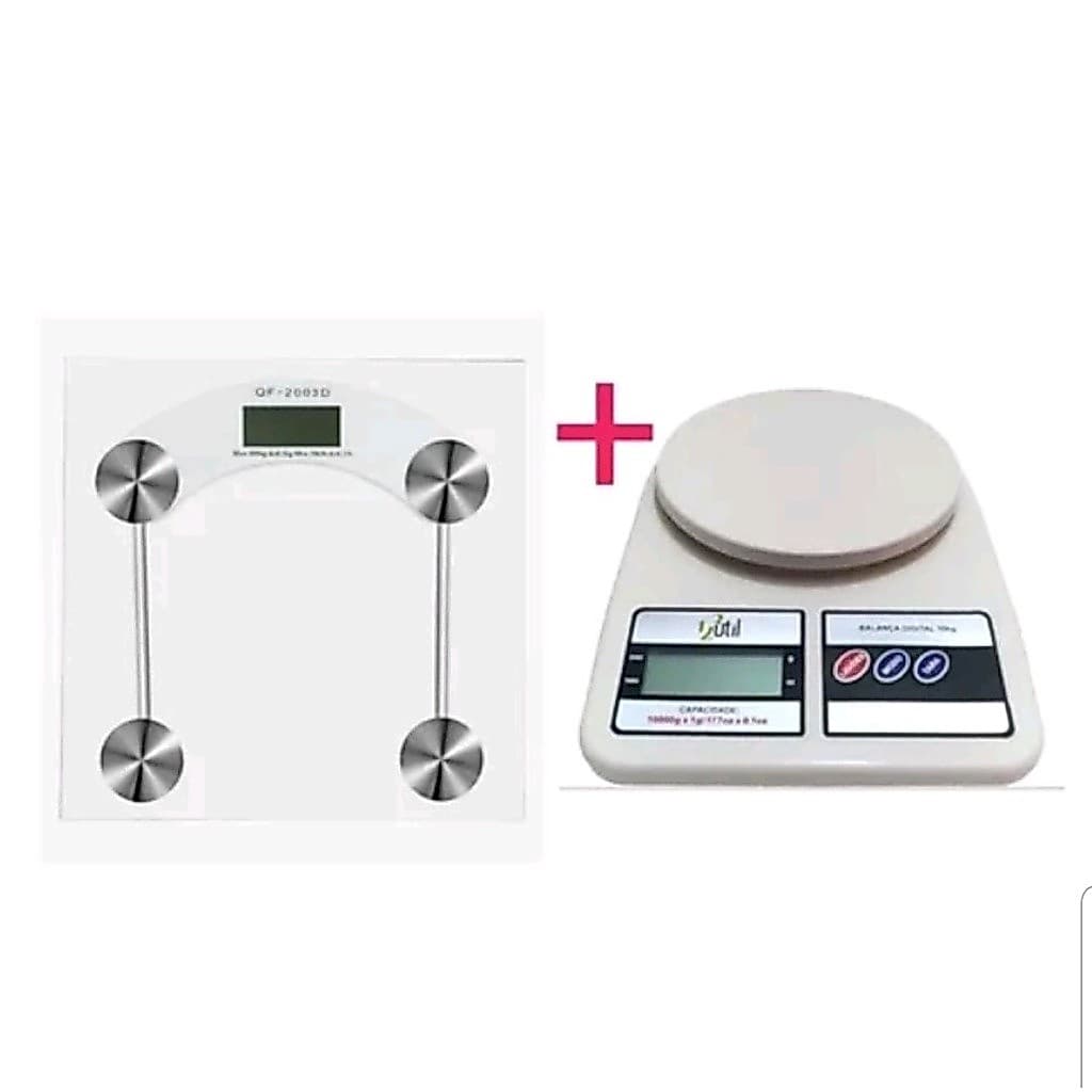 Kit Balança Precisão Digital de Cozinha 10Kg + Balança Digital Corporal de Banheiro e Academia Vidro Temperado 180Kg