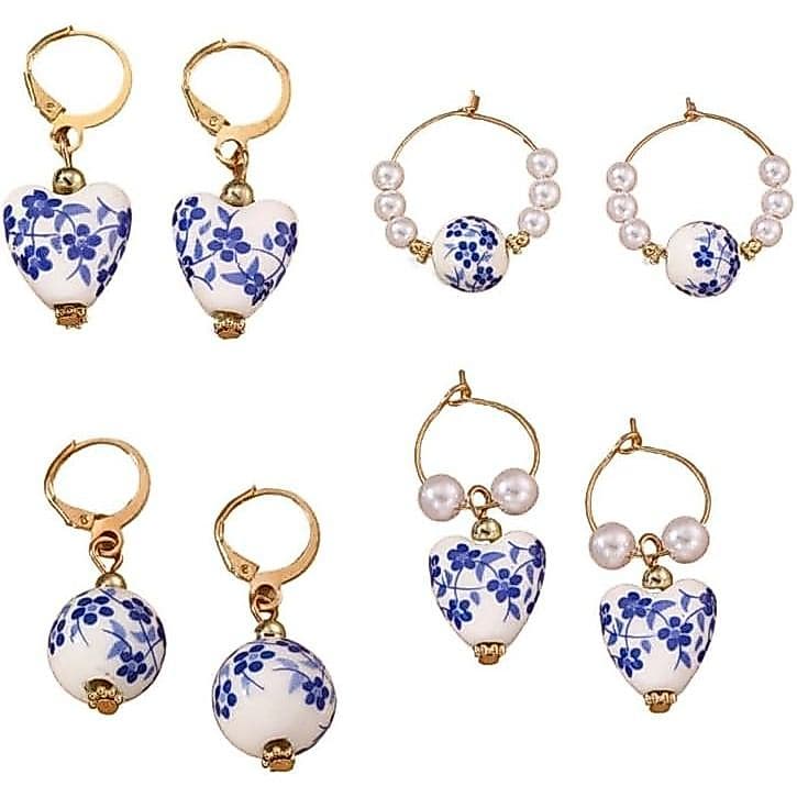 4 Pares de Brincos de Porcelana Azul e Branca, Brincos Pendentes de Pérola de Porcelana, Brincos de Argola Florais de Pé