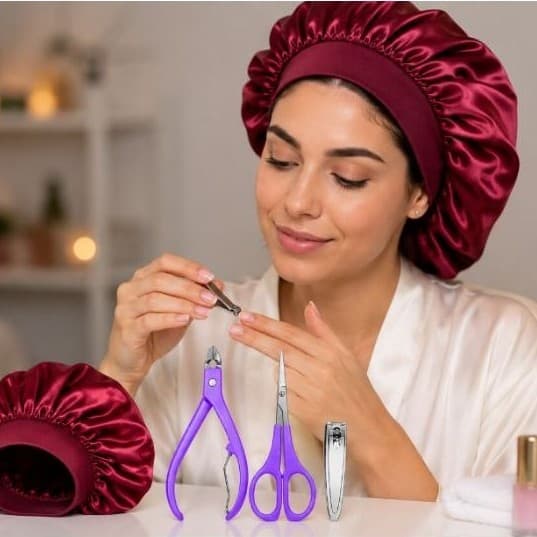 Kit 1 touca de cetim +1 Kit 3 peças Manicure Alicate, Tesoura e Cortador de unha