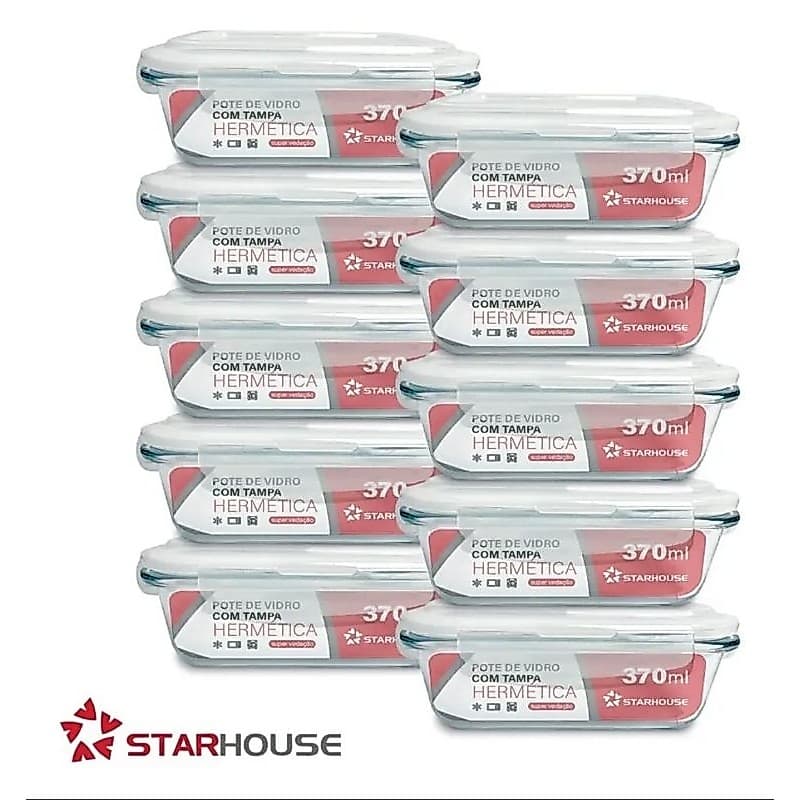 Kit 10 Potes Vidro 370ml Hermético Marmita Forno Refratário Star House
