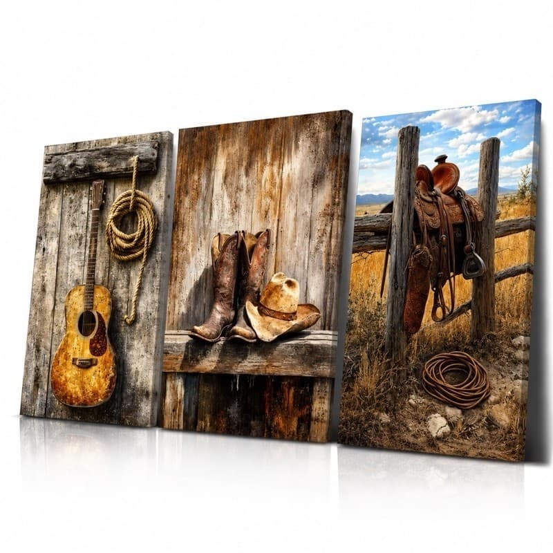 Kit 3 Quadros Decorativos Cowboy Country Chápeu Sela Violão Modernos Elegantes Grande para Sala Mdf