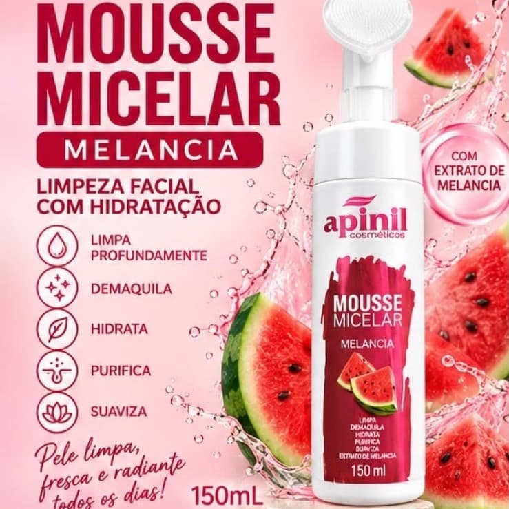 Mousse Micelar Limpeza Facial Melancia 150ml com Escova de Silicone Hidratante Demaquilante Apinil