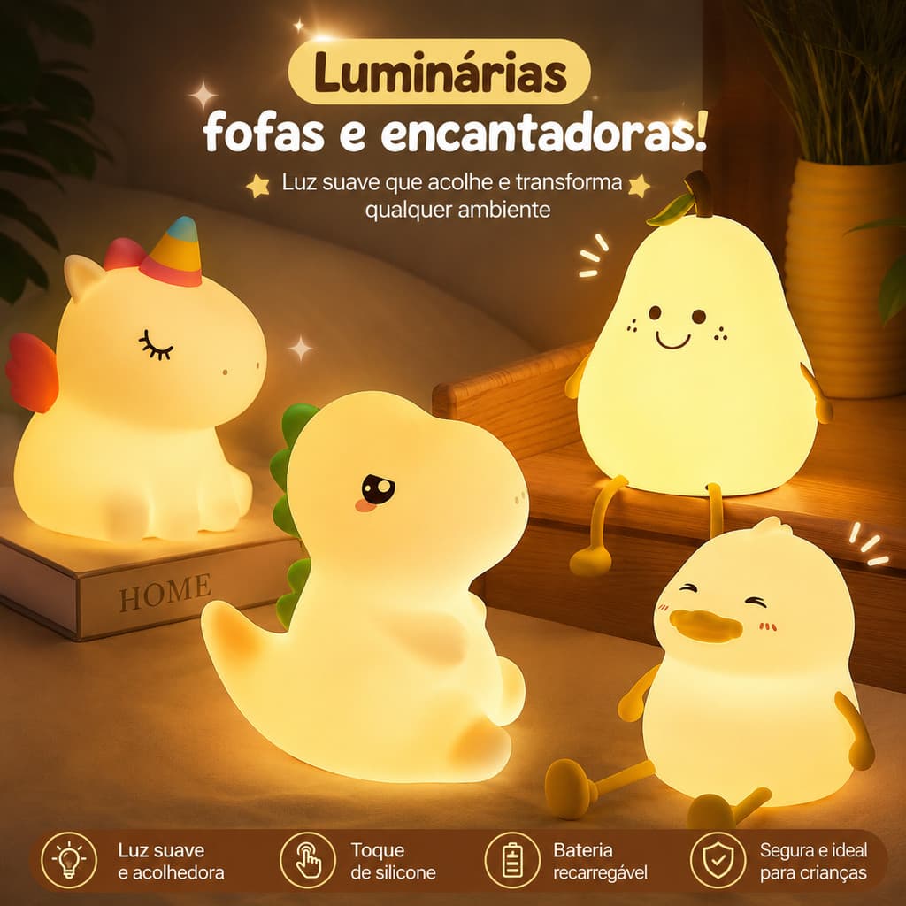 Luminária LED de Silicone Touch Muda de Cor Recarregável Luz Noturna Unicórnio Pato Dinossauro Pêra