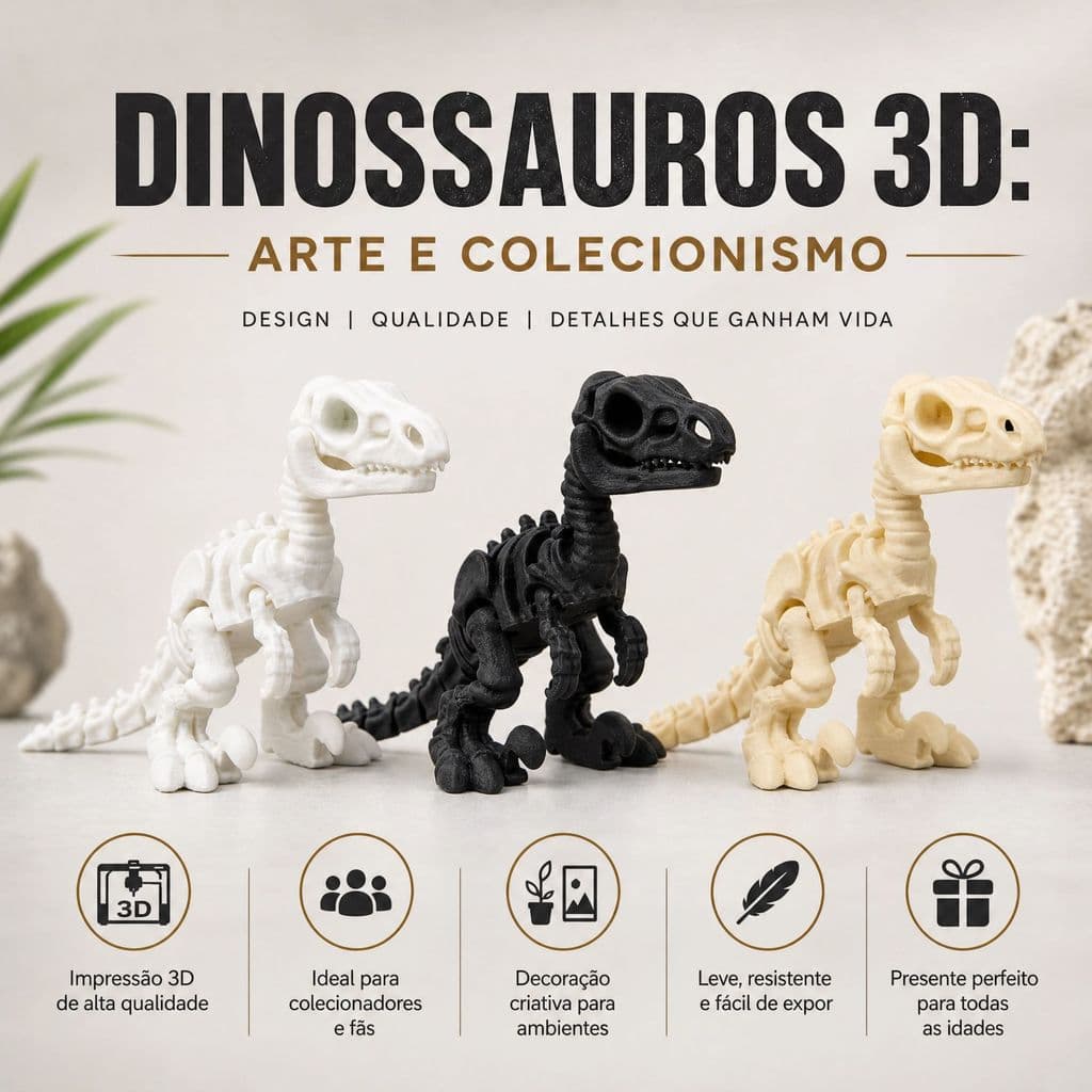 Esqueleto Dinossauro Articulado Velociraptor Colecionável em Impressão 3D