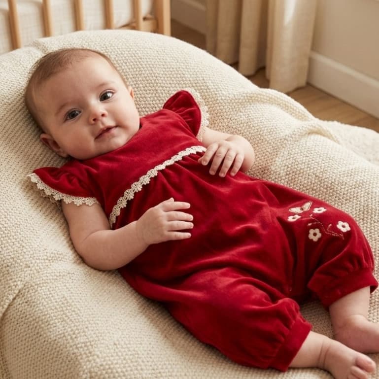 Macacão Bebê Menina Renda Malha 100% Algodão Vermelho Verão Calor Antialérgico Maternidade Luxo