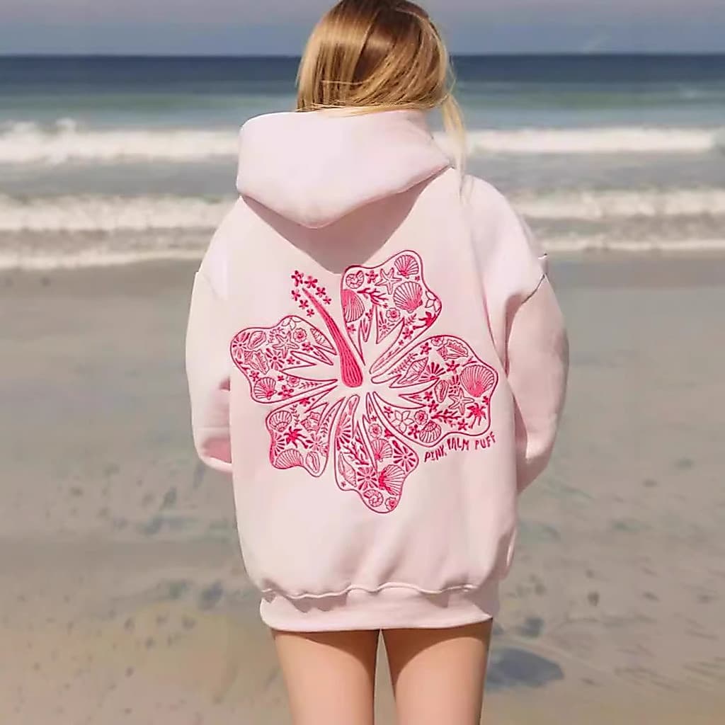 2026 nova versão tamanho europeu senhoras caído manga de ombro rosqueado havaí hibisco marca moletom com capuz impresso