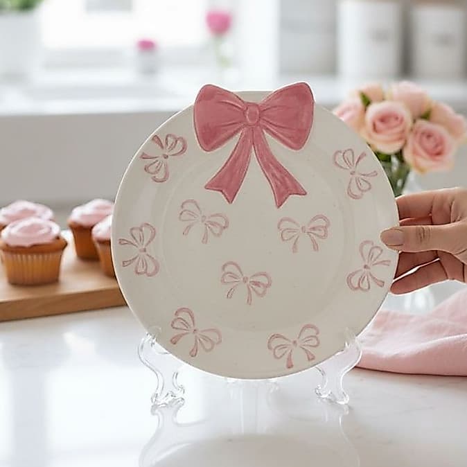 Prato de Sobremesa Porcelana Laço Rosa Coquette Fofo Mesa Posta Com Laço em Relevo Romântico