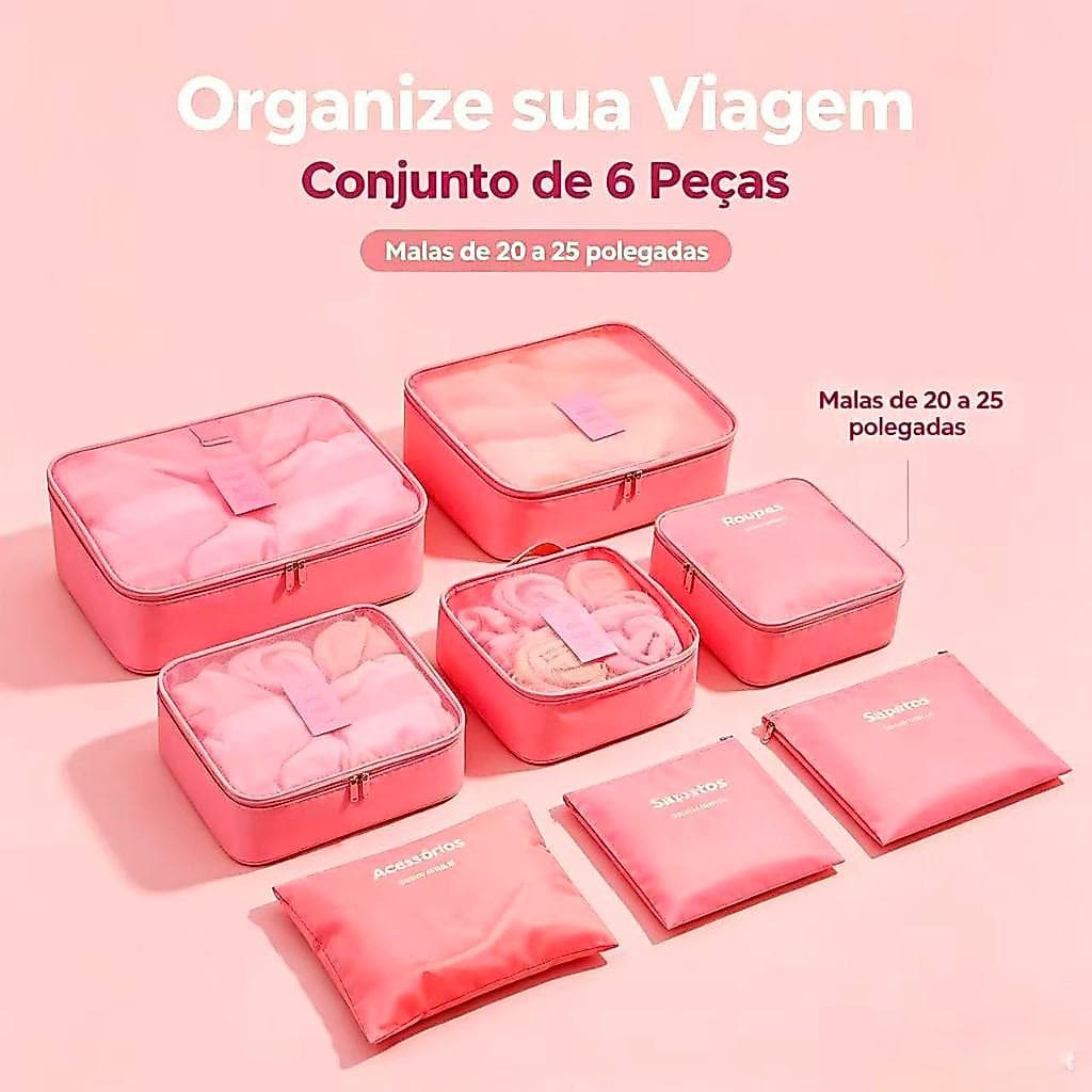 Kit Organizador de Mala para Viagem 6 Peças – Conjunto de Organizadores para Roupas e Acessórios