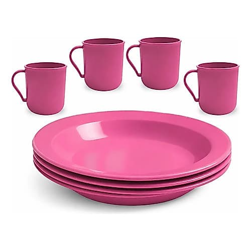4 Pratos 4 Canecas 400ml Para Refeição Escola Infantil  Rosa