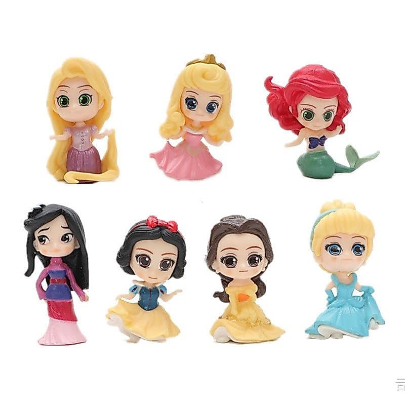 Conjunto de 7 peças de 4,5-5 cm com figuras em PVC da versão Q das Princesas Disney: Branca de Neve, Mulan, Rapunzel, Au