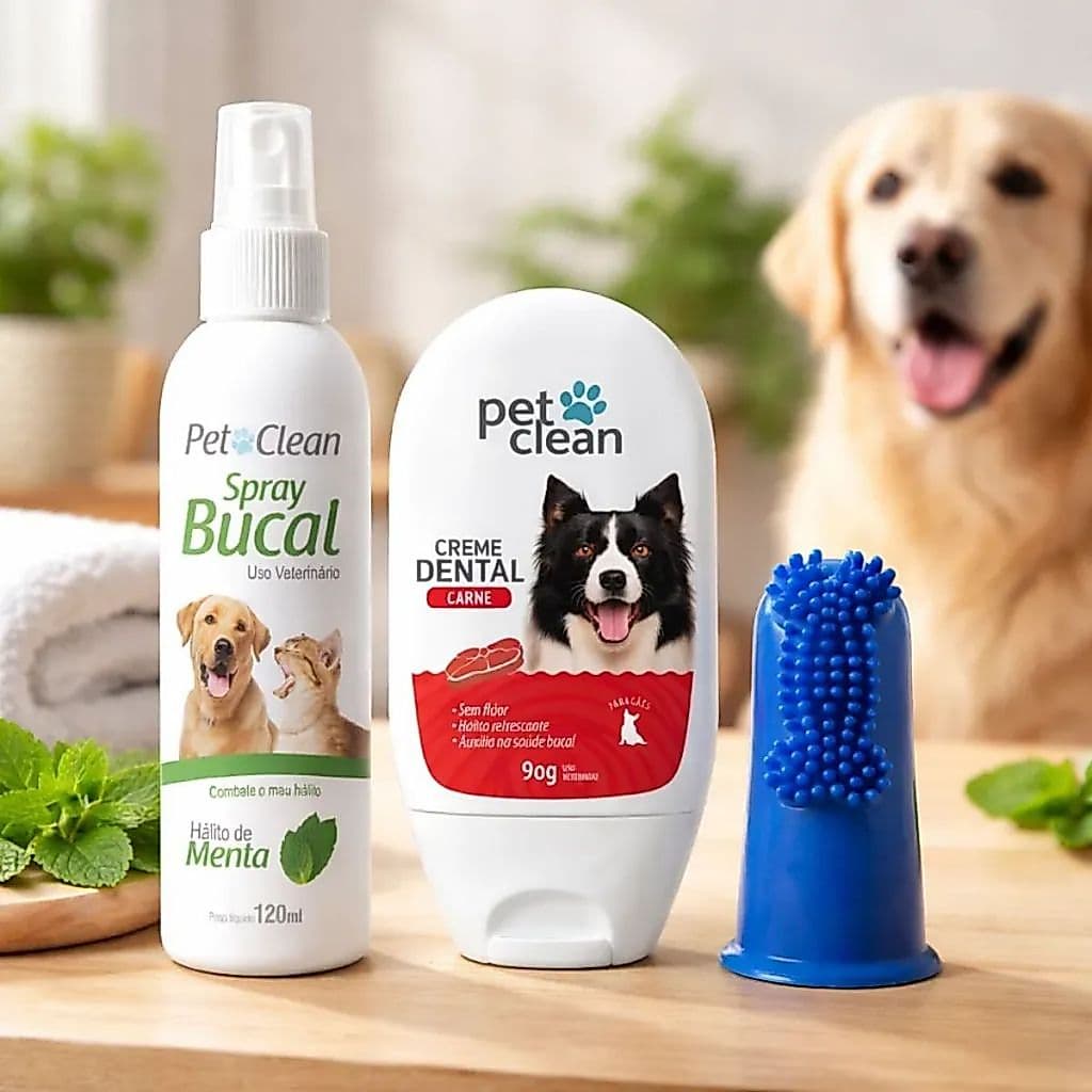 Pet Clean Pasta de Dente + Spray Bucal + Dedeira para Cachorros e Gatos Previne Mau Hálito