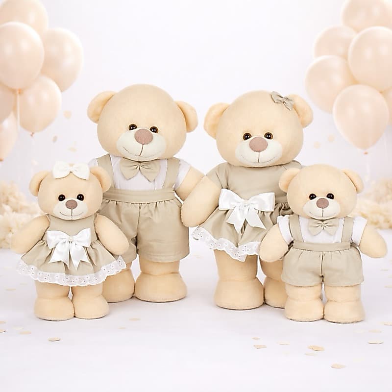Ursinhos de pelucia Chá Revelação Nude Neutro Familia Urso - 4 peças