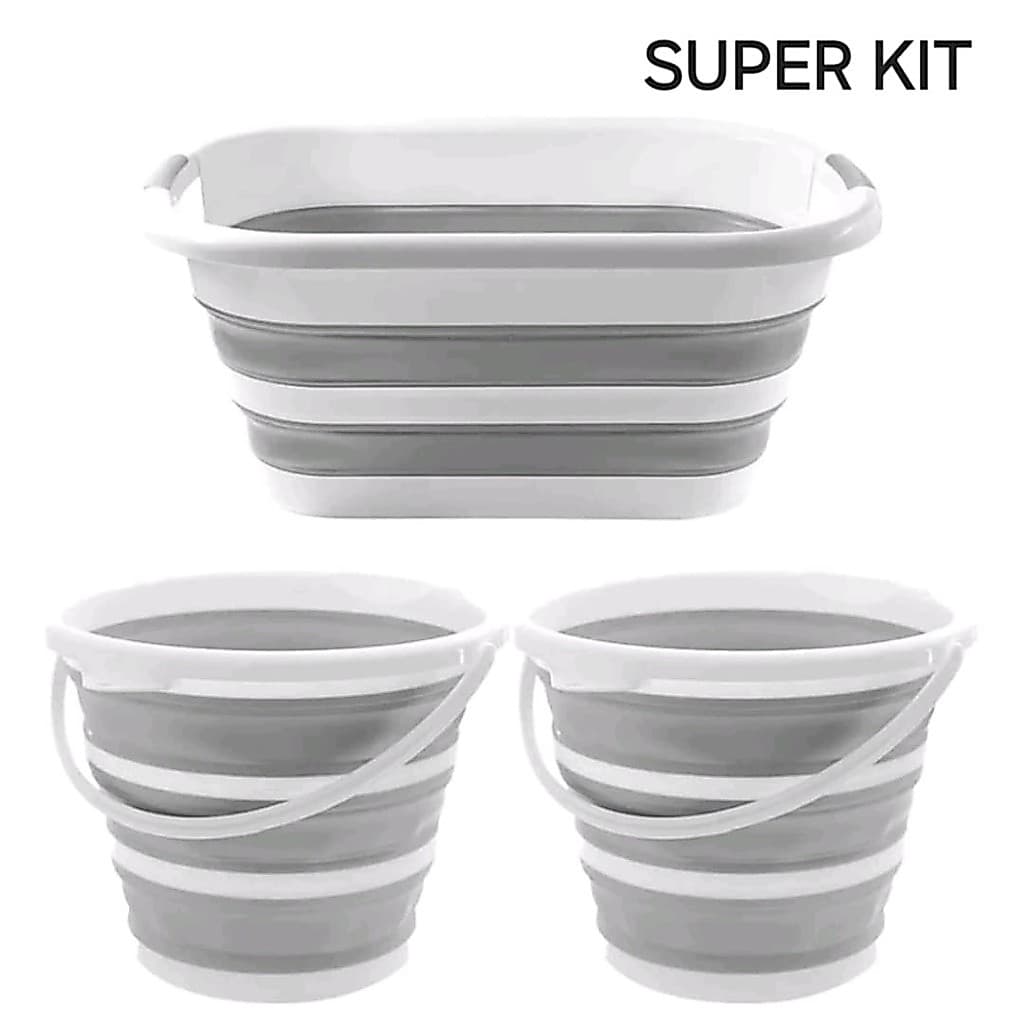 Kit Com 1 Cesto De 26 Litros Retrátil de Silicone E 2 Baldes De 10 Litros 1 Cesto