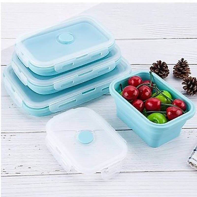Marmitas Lancheira Retrátil Silicone Pote Dobrável C/ Tampa Trava de Segurança