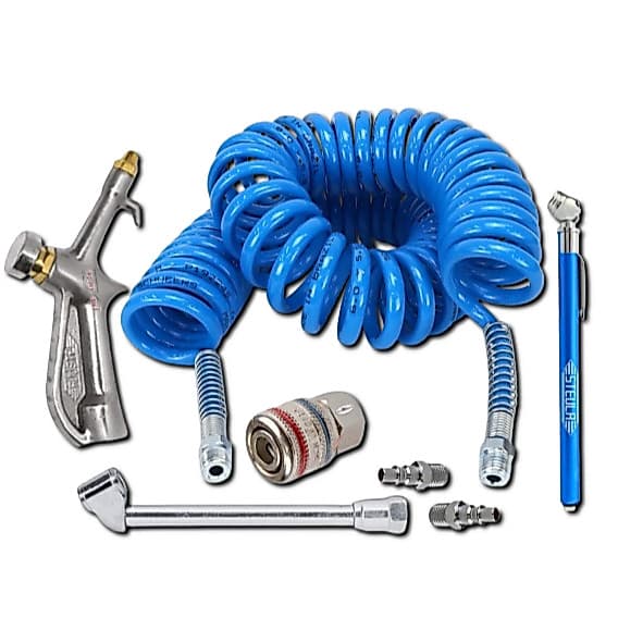 Kit Mangueira Espiral 7m Calibrador, Bico Ar / Encher Pneu