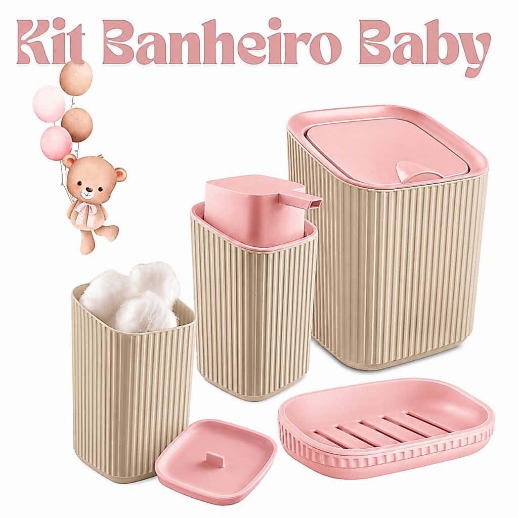 Kit Banho Infantil - Banheiro Baby 4 Peças P/ Algodão -P/ Sabonete liquido E Barra - Lixeira