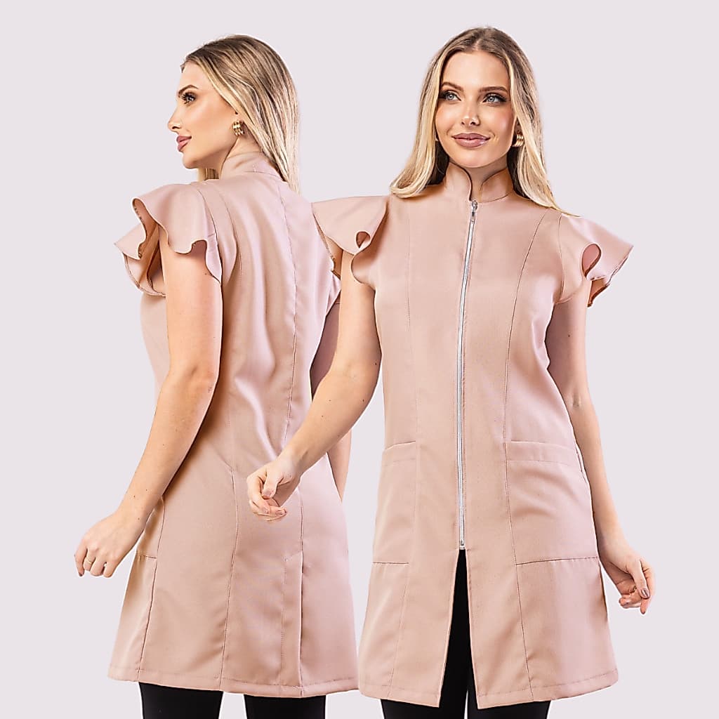 Jaleco Feminino Zíper Acinturado Manga Curta Em Oxford Mag