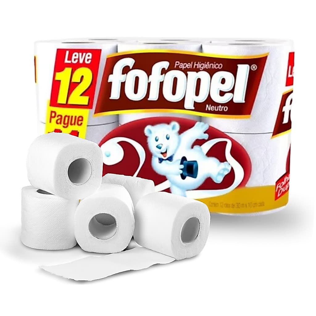 Papel higiênico Folha Dupla FOFOPEL Embalagem com 12 Rolos.