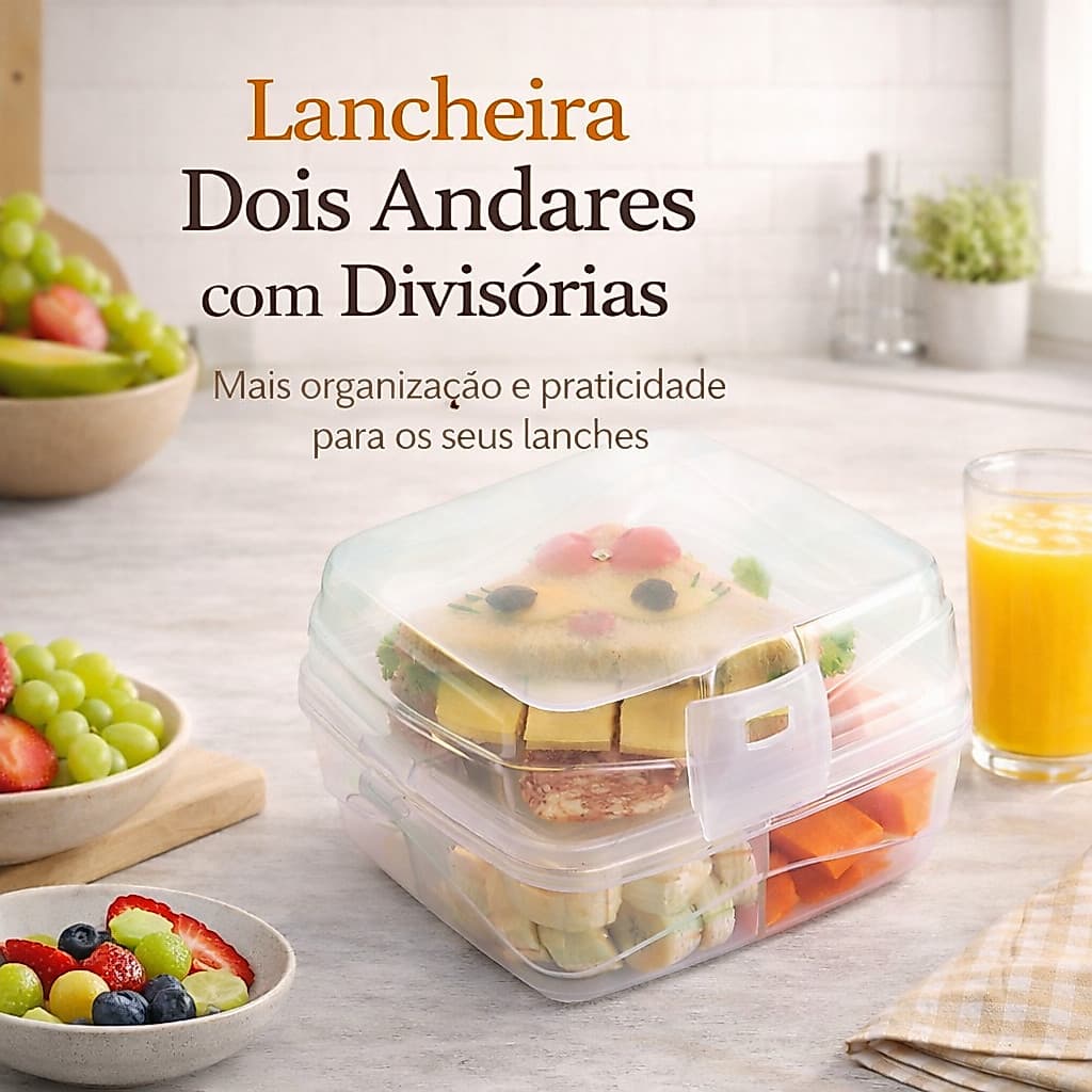 Marmita 2 Andares com 4 Divisorias Lancheira Escolar com Trava Pote Fit Fitness