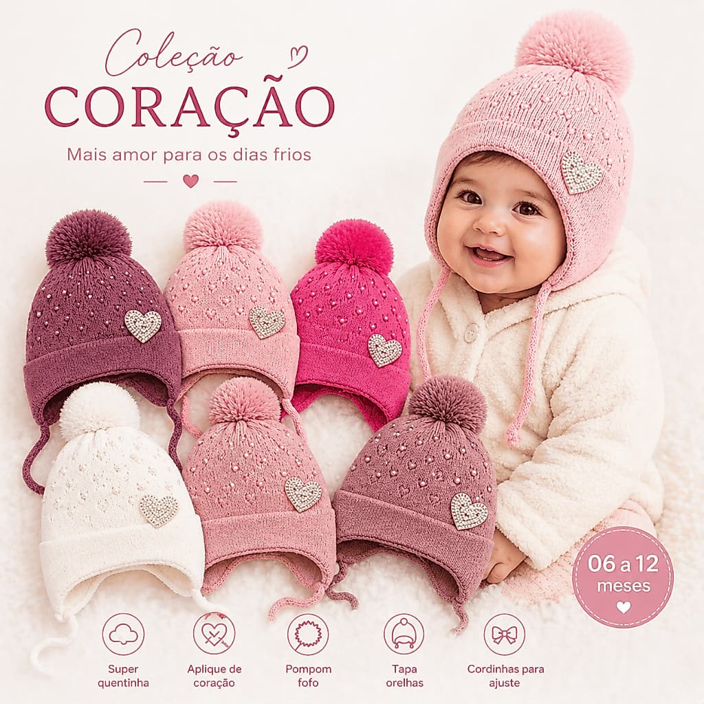 Touca Bebê Coração Inverno 6 a 18 Meses com Pompom | Touquinha Forrada com Tapa Orelha