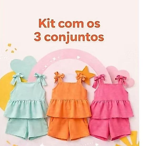 conjunto criança infantil menina kit 3 conjunto verão vão em 3 cores  tecido não amassa