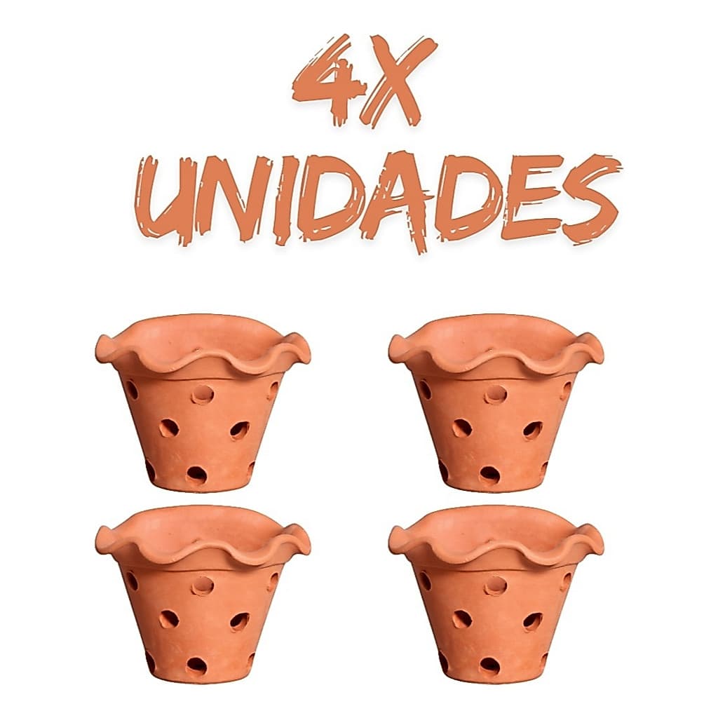 Kit 4 Vasos Barro Parede Suspenso Babado C/ Furo Orquídea Jardim