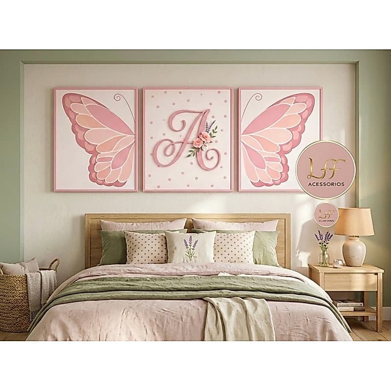 Kit 3 Quadros Borboletas Rosa e Letra Inicial Personalizada Decoração Infantil ENVIE LETRA NO CHAT
