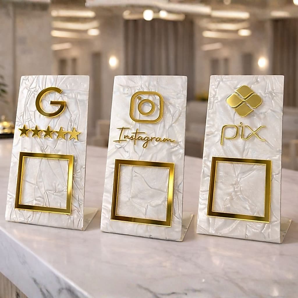 Kits Placa Pix Instagram Google Acrílico Marmorizado Dourado 15x8cm