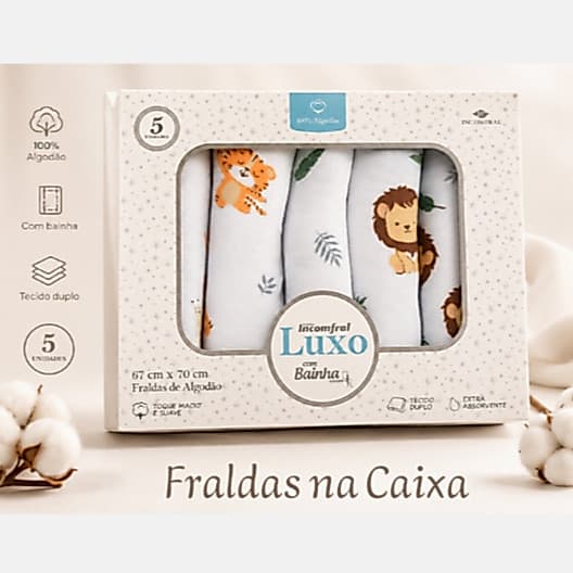Kit 5 Fraldas de Pano Luxo com Bainha Ombro 67x70cm Algodão Caixa