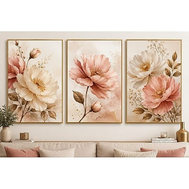 Quadro decorativo 3 peças flores brancas e rosas para sala quarto e escritório