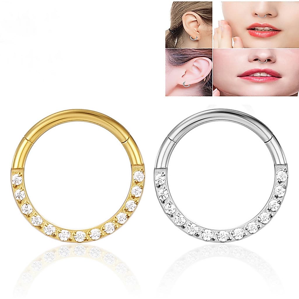 Piercing Nariz Argola Segmento Articulado Pedras Lateral | Helix, Septo, Rook, Conch, Ouro moda