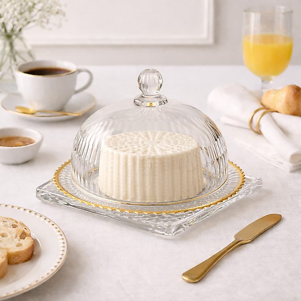 Queijeira de Cristal com Tampa Fio de Ouro 20cm Wolff | Porta Queijo Elegante