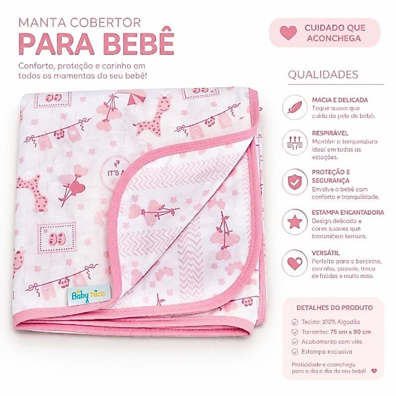 Cobertor de Bebê Dupla Face 100% Algodão Menino Menina