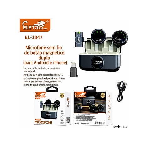 Microfone Sem Fio Eletromex EL-1847 p/ iOS Android
