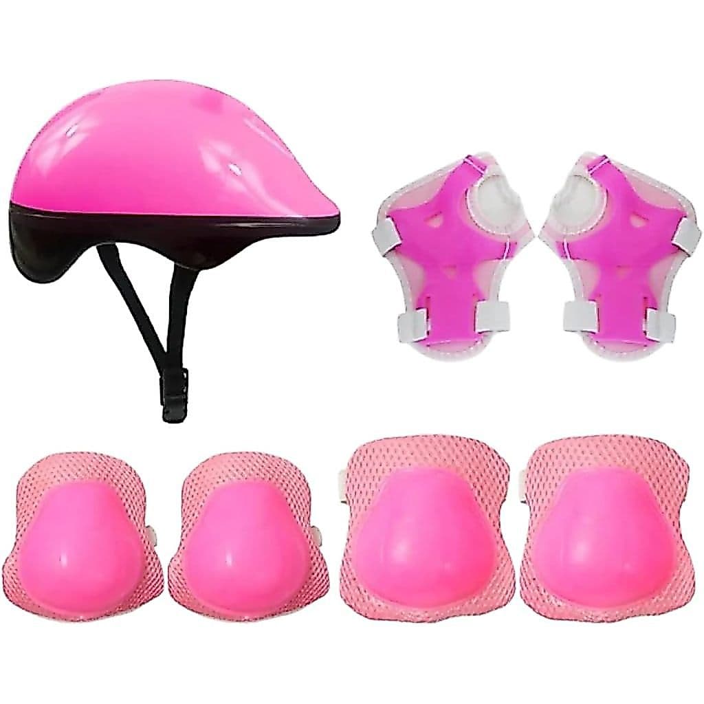 Kit Proteção Infantil 7 Peças Rosa Capacete Joelheira Cotoveleira Ajustável Segurança Para Bicicleta Skate Patins