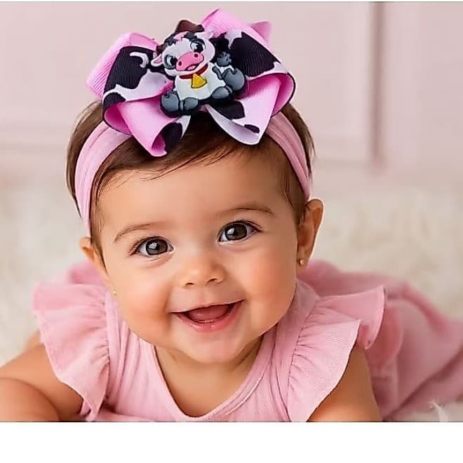 Laço Fazendinha Vaquinha Rosa para Bebê | Faixinha de Meia Confortável | Acessório Infantil