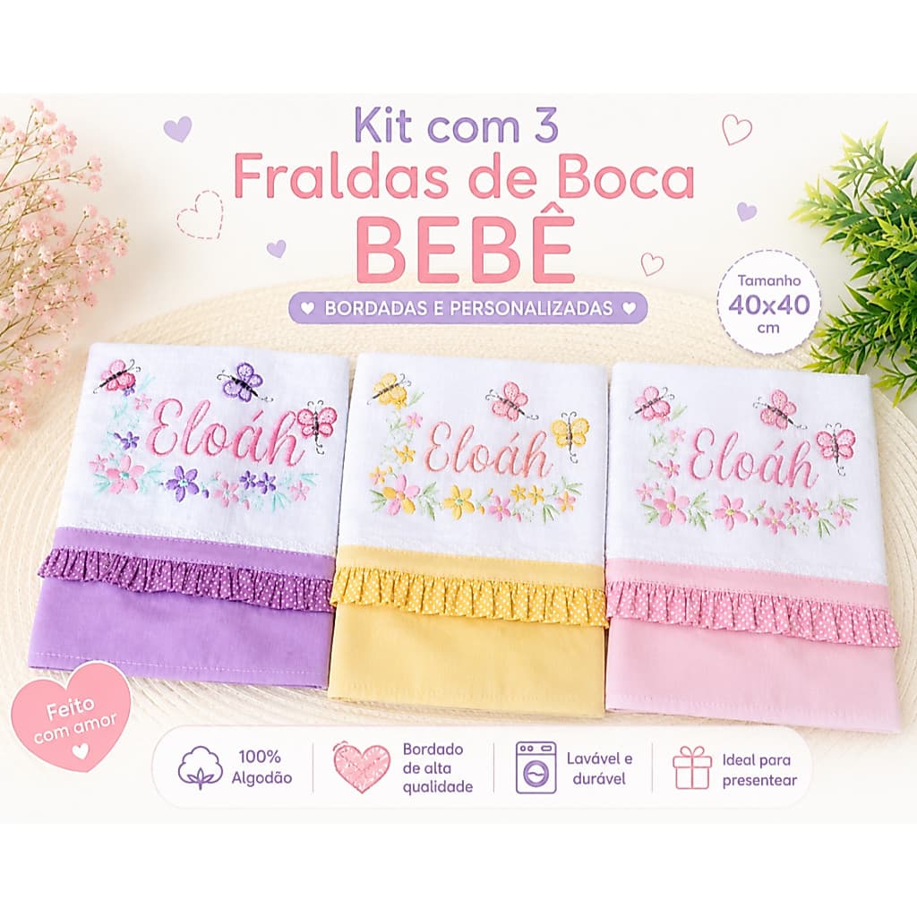 Kit 3 Fraldas de Boca Bebê 40x40 Bordadas Personalizadas