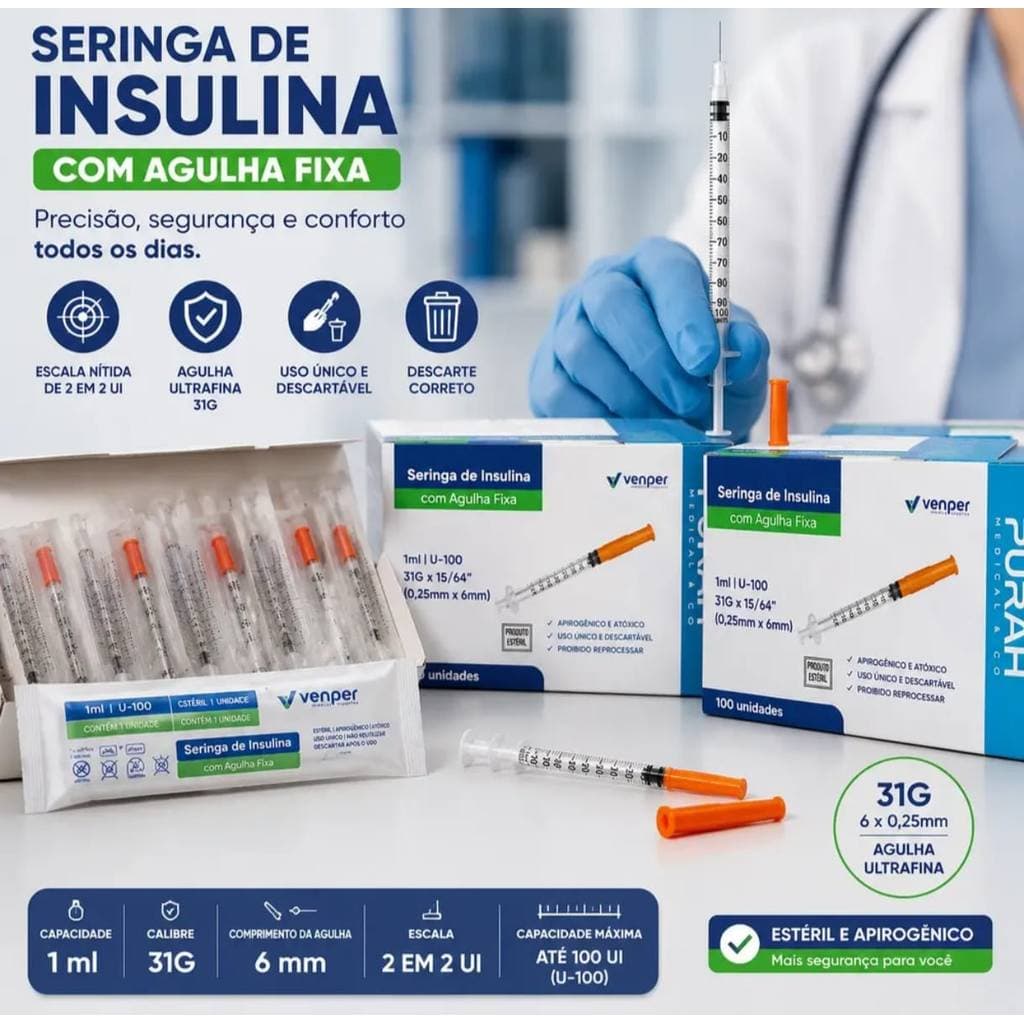 Seringa Insulina 1ml 100ui 31g 6mm X 0,25mm CAIXA COM 100 UNIDADES