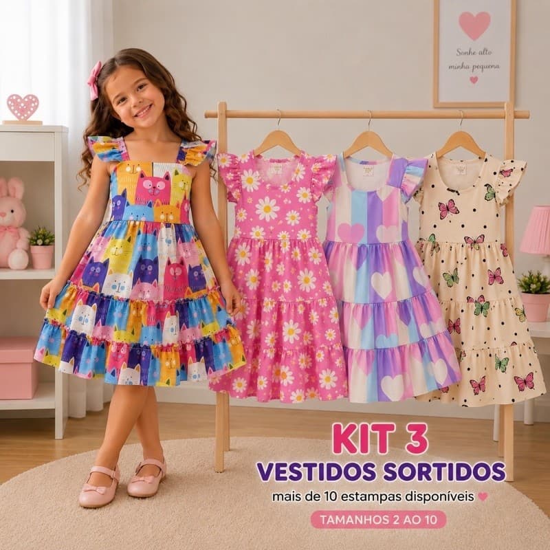 3 Vestidos Infantil Feminino Sortidos Várias Estampas Roupa Menina Tamanho 2 ao 10