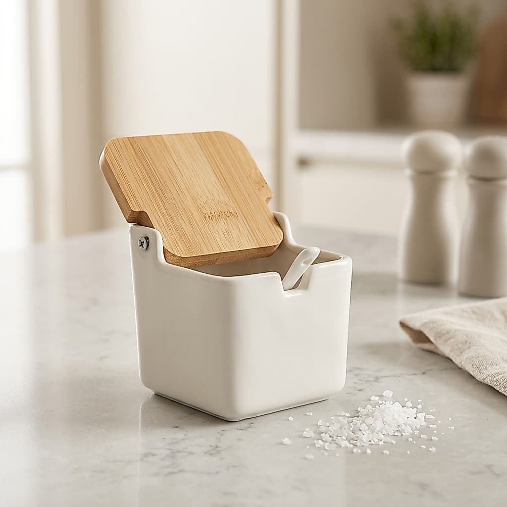 Saleiro Ceramica De Bancada Com Tampa De Bambu E Colher Porcelana