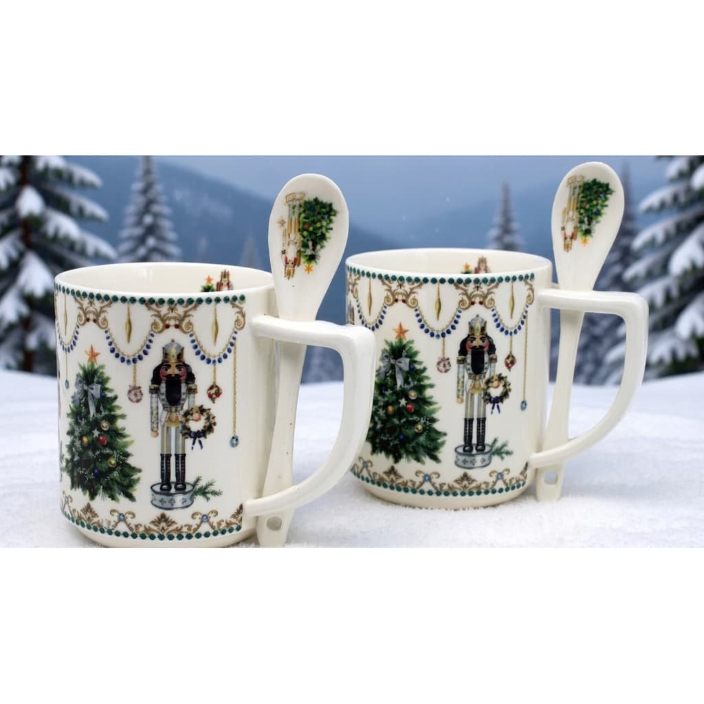Kit 2x Caneca de Porcelana Natal Linha Quebra-nozes Com Colher 280ml Acompanha Caixa de Presente Natalino Premium
