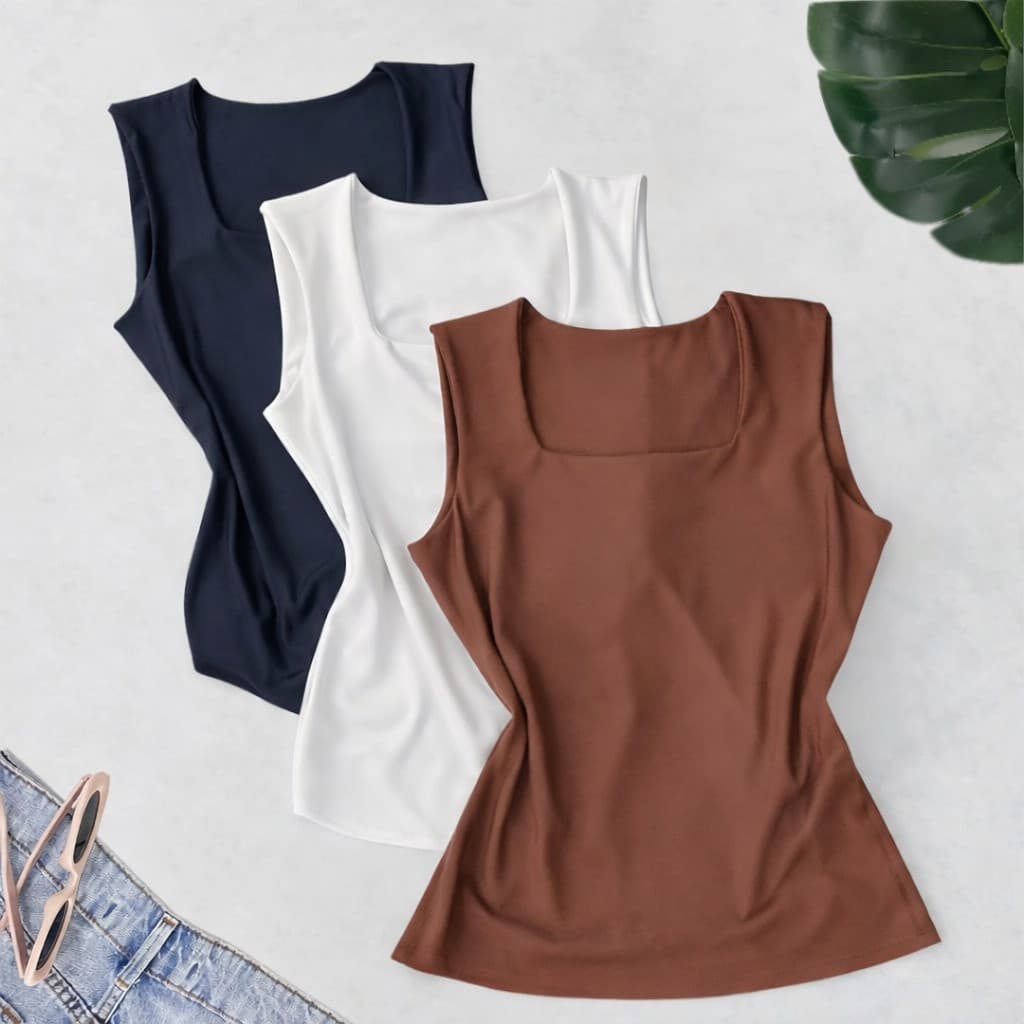 kit 3 Blusa Blusinha Feminina Básica Decote Quadrado Regata Tendencia Suplex Premium Liso Moda Blogueira