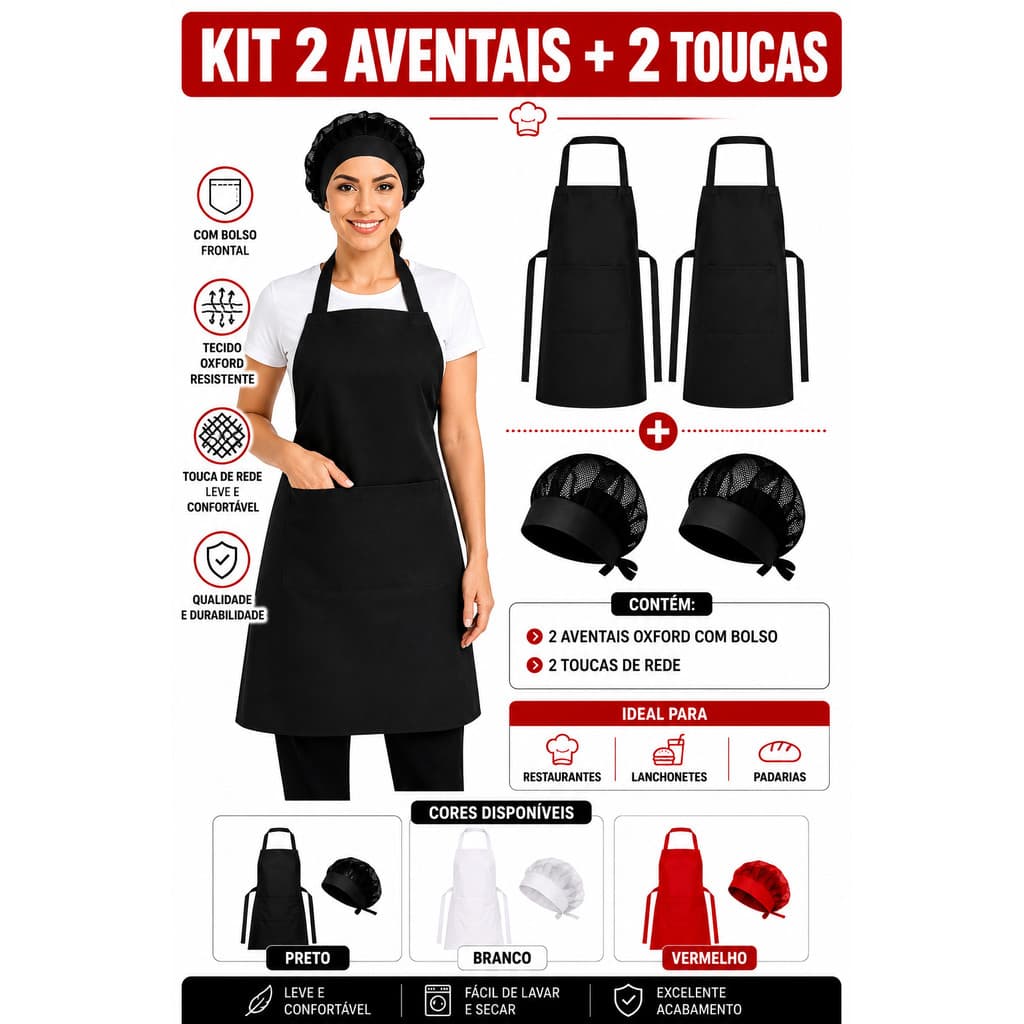 KIT 2 Avental de Cozinha + 2 Toucas Tule De Cozinha Garçom Restaurante - Cores