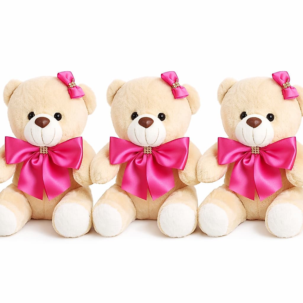 Trio Ursinha de Pelúcia com Laço Rosa Decoração Bebê, Presente Fofo e Delicado